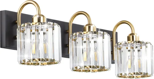Vista 19 de Luz de tocador de baño dorada - Accesorio de luz de baño de cristal sobre espejo