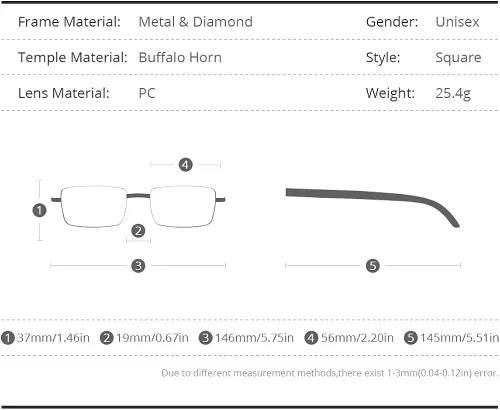 Vista 3 de HEPIDEM Gafas de bocina 100 realmente búfalo gafas cuadradas sin montura de lujo con diamantes