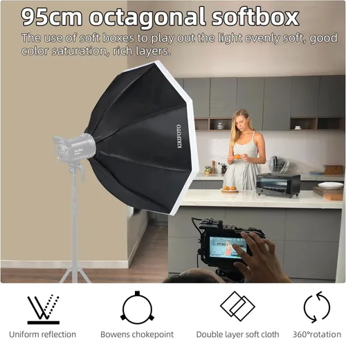 Vista 5 de Caja de luz octogonal de 37.4 in/14.6 in, difusor doble, extracción de instalación rápida, compatible con flash Bowens, iluminación continua