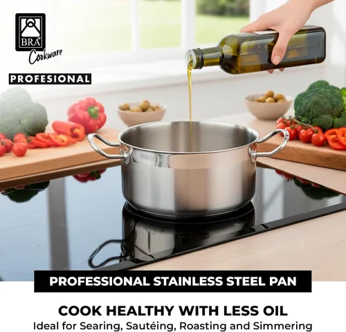 Vista 4 de BRA COOKWARE Olla profesional de acero inoxidable 18/10 con tapa de vidrio Olla profesional de 8 pulgadas de 2.4 cuartos de galón Base de 0.217