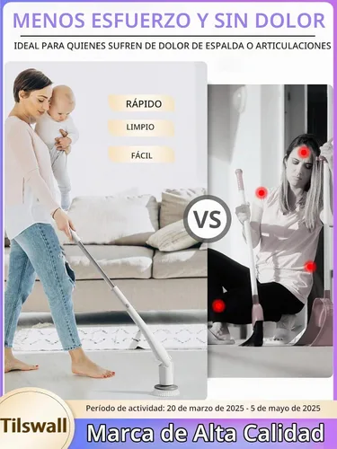 Vista 4 de Tilswall Limpiador eléctrico inalámbrico giratorio – Cepillo de limpieza impermeable IPX7 con 180 minutos de funcionamiento y mango extensible de 43
