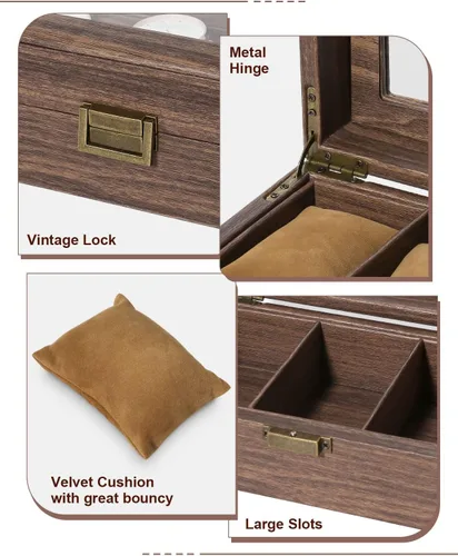 Vista 4 de Uten Caja de reloj con 6 ranuras, organizador de caja de reloj con tapa de vidrio real, caja de almacenamiento de cuero sintético de grano de madera