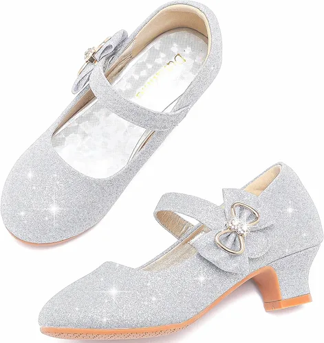 Vista 2 de Dufannie Zapatos de vestir para niñas, zapatos de tacón bajo de princesa, zapatos planos con purpurina para bodas y fiestas