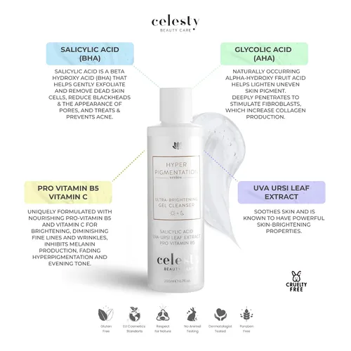 Vista 4 de Celesty Beauty - Gel limpiador facial iluminador, vitamina C, ácido glicólico (AHA), ácido salicílico (BHA), extracto de hoja de Uva Ursi Pro