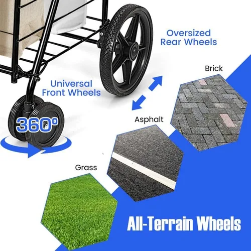 Vista 5 de Carrito de compras plegable, carrito utilitario resistente con ruedas giratorias y cesta doble, carrito de comestibles para comestibles, lavandería