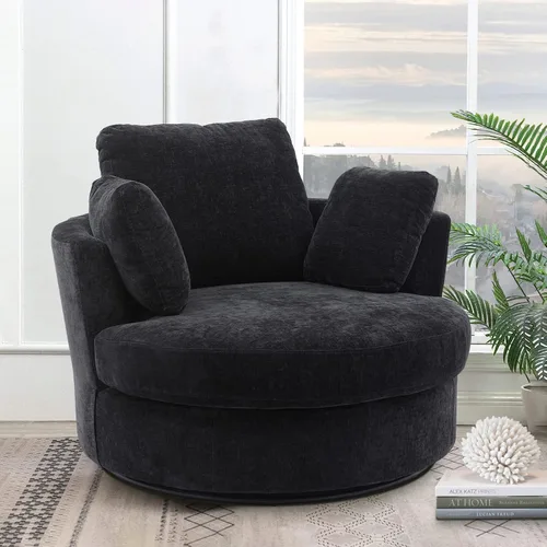 Vista 4 de Silla giratoria de barril para sala de estar, moderna silla giratoria redonda para sofá, silla de club de chenilla, silla Boucle, sillón decorativo