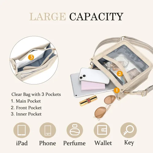 Vista 3 de LOXOMU Bolso cruzado transparente – Bolso transparente aprobado para estadios con correa de guitarra para eventos, conciertos