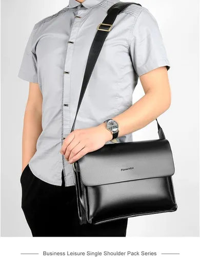 Vista 2 de Bolso de mensajero de cuero para hombre Bolso cruzado de hombro Bolso casual Bolso de negocios pequeño bolso ipad 9.7 bolsa, negro