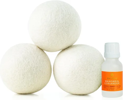 Vista 4 de Thymes Juego de bolas de lana para secadora – Incluye 3 bolas de lana para lavandería + 1 aceite perfumado de fragancia para secadora – Elimina