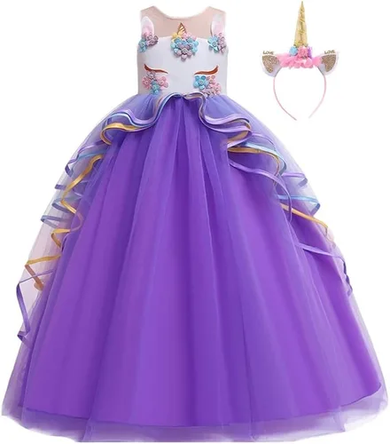 Vista 24 de Disfraz de unicornio para niñas, vestido largo de tul con diadema, fiesta de cumpleaños, carnaval, cosplay