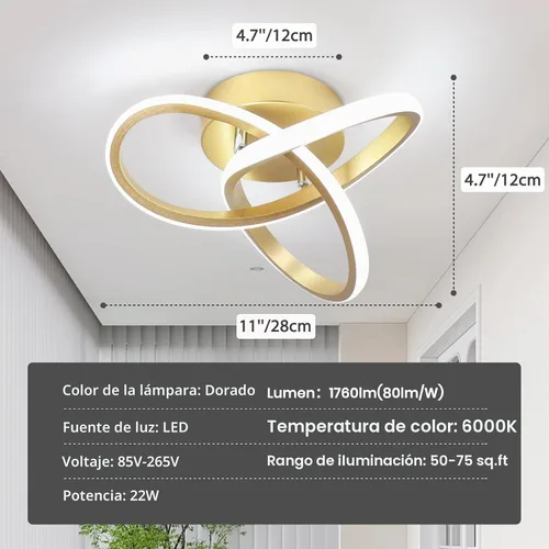 Vista 5 de Lámpara LED para pasillo, moderna lámpara de techo LED dorada de 6000 K, lámpara de techo semiempotrada para pasillo, cocina, dormitorio, entrada