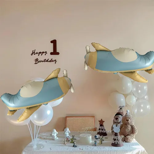 Vista 3 de Globos de avión de combate azul de 32 pulgadas, diseño de dibujos animados, fiesta voladora, cumpleaños, decoración de aviones