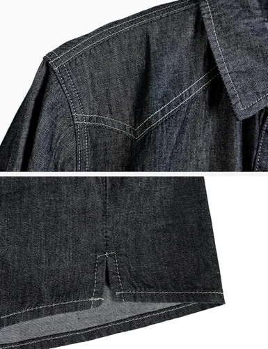 Vista 3 de Omoone Camisa corta de mezclilla para mujer, con manga 34 y nudo