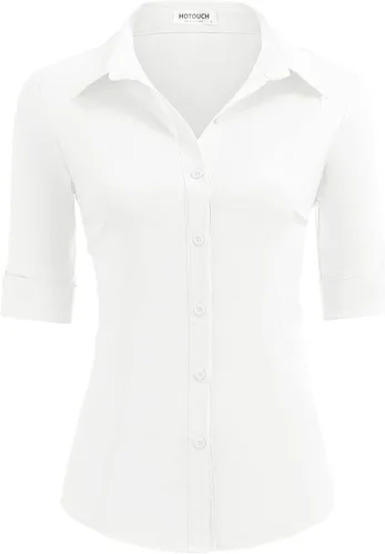 Vista 4 de ELESOL Camisa básica con botones para mujer, manga 3/4, elástica, con botones