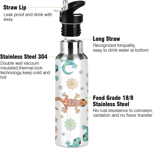 Vista 3 de Insulated Stainless Steel Water Bottle with Straw 20 Oz, BPA-Free Sports Water Bottle for Gym Outdoor Travel School, Funny Geckos Print