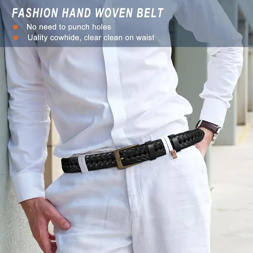 Vista 2 de Cinturón de cuero trenzado para hombre, jeans casuales, golf, hebilla de aleación tejida de cuero para hombre, cinturones trenzados a mano, regalo