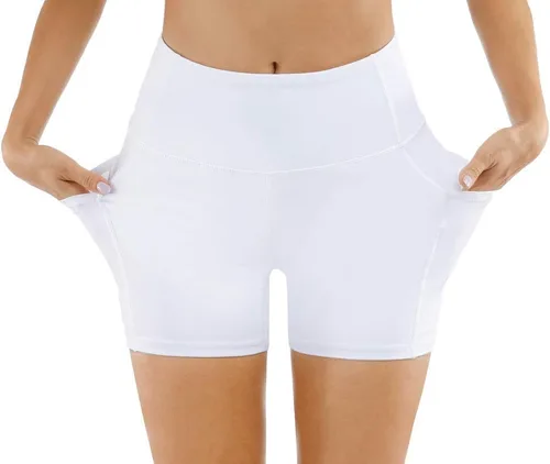 Vista 2 de THE GYM PEOPLE - Pantalones cortos de yoga para mujer, con cintura alta, control de abdomen y bolsillos profundos, para gimnasia, entrenamiento