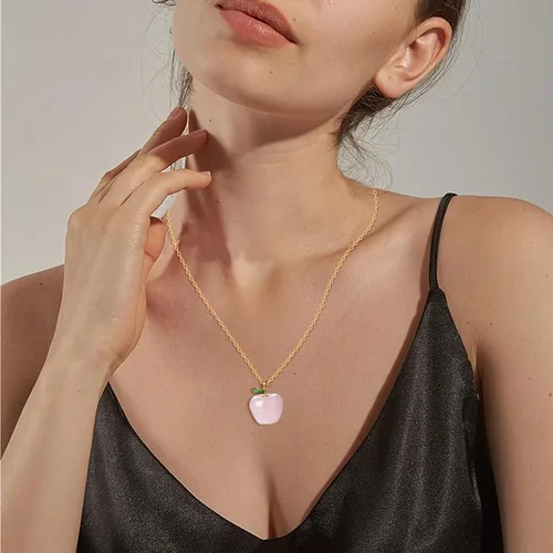 Vista 5 de ZPMMPZ Collar de manzana, collar de cuarzo rosa, collar de cuarzo rosa manzana, collar con colgante de manzana de cristal rosa para mujeres y niñas