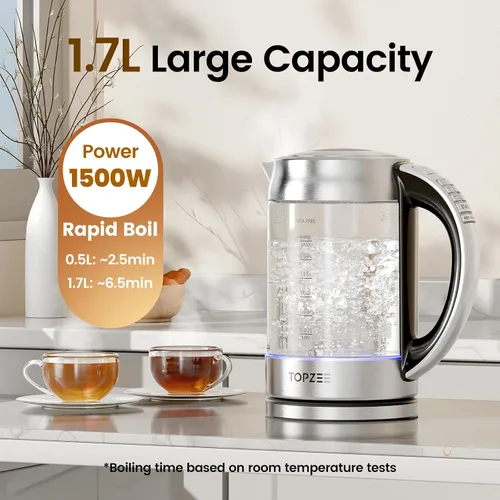 Vista 3 de TOPZEE Hervidor eléctrico de vidrio de 1.7L para café y té, caldera de agua caliente con 6 temperaturas preestablecidas, función de mantener