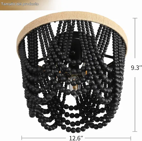 Vista 2 de RyalQ - Lámpara de techo con cuentas de madera negra de 3 luces, candelabro rústico bohemio pequeño, lámpara de techo de decoración vintage