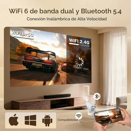 Vista 5 de Mini proyector con WiFi y Bluetooth, proyector portátil 4K con altavoz de 5 W, Keystone vertical automático y giratorio de 180°, proyector