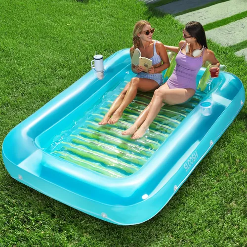 Vista 15 de SLOOSH Flotador inflable, camastro para adultos, con almohada, 178 x 117 cm, 4 en 1: balsa-tina bronceadora, camastro para tomar el sol, fiestas Azul