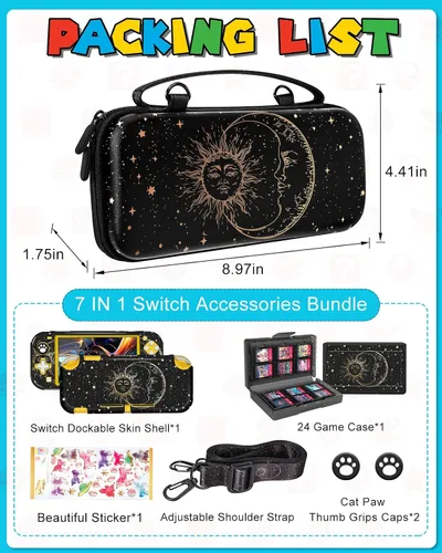 Vista 3 de 7in1 Sun Moon Witchy Switch Lite Case for Nintendo Switch Lite Carrying Cases Girly Protective Cover Dockable Skin+Thumb Grips+Game Holder+Shoulder
