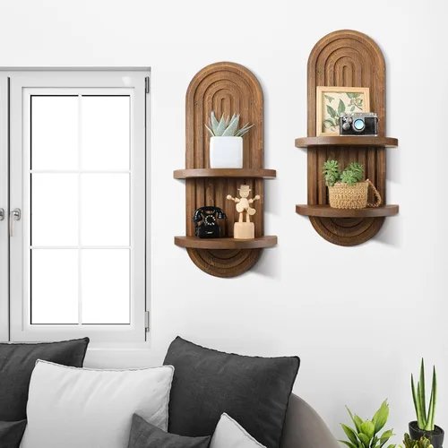 Vista 2 de Wenqik 2 Piezas Estante de Pared Boho Arco Iris Estante Flotante de Madera Soporte Colgante Bohemio de Mediados de Siglo Doble Vintage Montaje