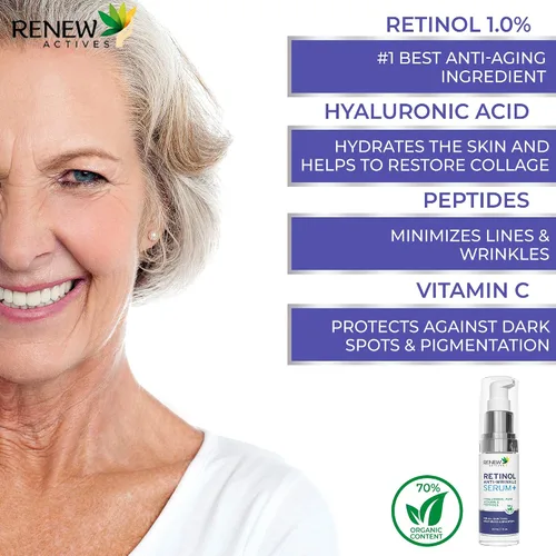 Vista 4 de RENEW ACTIVES Suero facial de retinol con ácido hialurónico y vitamina C – Fórmula hidratante y nutritiva para piel joven – Reduce líneas finas