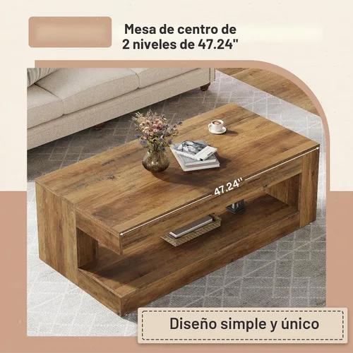 Vista 7 de Tribesigns Mesa de Centro para Sala de Estar, 47.24 Pulgadas Estilo Granja de 2 Niveles Mesa de Centro de Té y Cóctel con Almacenamiento, Marrón