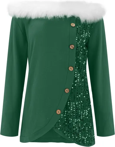 Vista 3 de Christmas Tops for Women 2023 Winter Sequin Splicing Long Sleeve Shirt Print Plush Collar V Neck Blouses