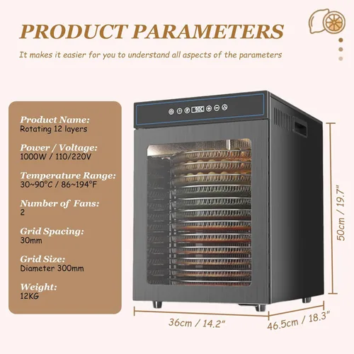 Vista 7 de 1000W 12-Tray Stainless Steel Food Dehydrator with 11.8" Diameter-Large Trays 86-194°F Temp Control, Overheat Protection Efficient for Drying