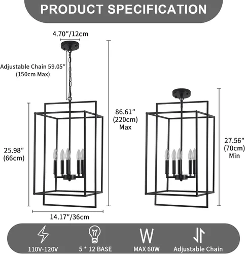 Vista 6 de Candelabro negro de granja, accesorios de iluminación de vestíbulo extra grande de 14.17 pulgadas, lámpara colgante de linterna industrial