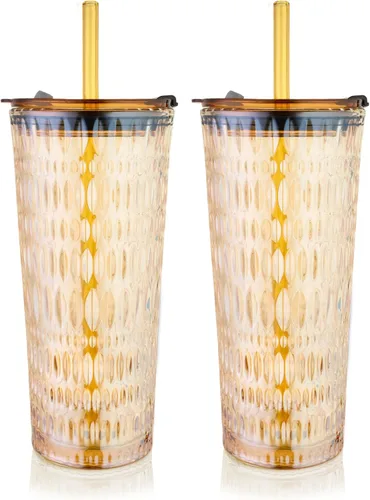 Vista 9 de Puraville Paquete de 2 vasos de vidrio de 18 onzas con tapas y pajitas, cristalería gruesa con patrón de diamante vintage para whisky, cóctel