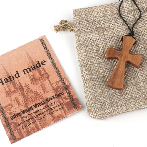 Vista 6 de Collar con colgante de cruz de madera natural tallada a mano para hombres y mujeres