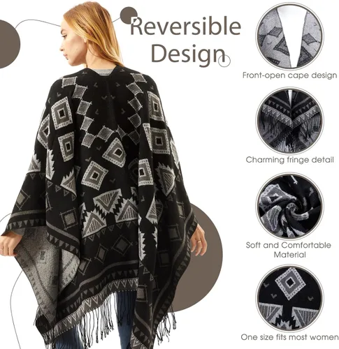 Vista 3 de Hoosige Poncho con borlas y frente abierto para mujer, 51.2 x 61 pulgadas, chal cálido para invierno, cárdigan estampado para mujer, otoño