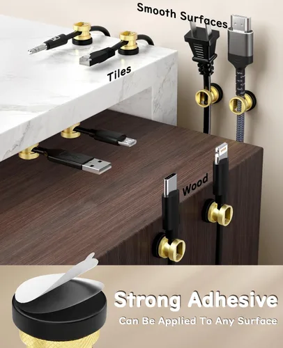Vista 6 de Soporte magnético para cables, clips de gestión de cables de metal de alta calidad, anclaje de cable magnético para escritorio, mesita de noche