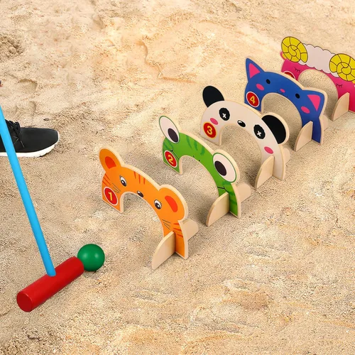 Vista 3 de Toyvian Juego de croquet para niños con mazos de madera de croquet, juego familiar clásico para césped, patio trasero, parque y más