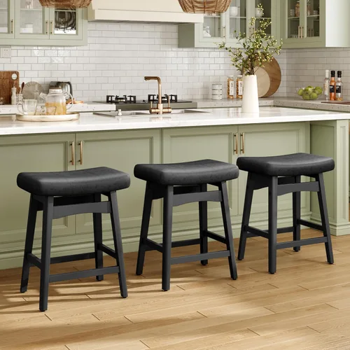 Vista 14 de MAISON ARTS Juego de 4 taburetes de bar grises para encimera de cocina, patas de madera maciza con asiento de silla de montar de piel sintética