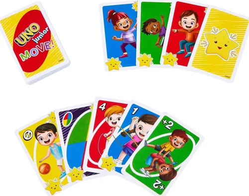 Vista 3 de Mattel Games UNO Junior Move - Juego de cartas para niños con reglas de acción para noche familiar, noche de juegos, viajes, campamento y fiesta