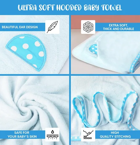 Vista 3 de Juego de 2 toallas de bebé con capucha, color azul, lujosas, grandes y superabsorbentes, 30 x 30 pulgadas, suaves y adecuadas para bebés, niños