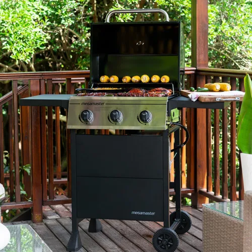 Vista 6 de Megamaster Parrilla de gas propano de 3 quemadores con mesas laterales plegables, 30,000 BTU, 429.81 pulgadas cuadradas. Espacio de cocción, panel
