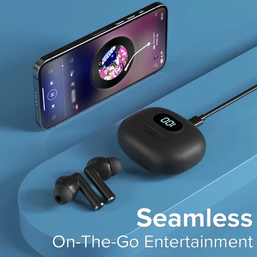 Vista 5 de Coby Auriculares inalámbricos con estuche de carga de lectura de batería LCD, mini auriculares intrauditivos Bluetooth con micrófono integrado, Negro