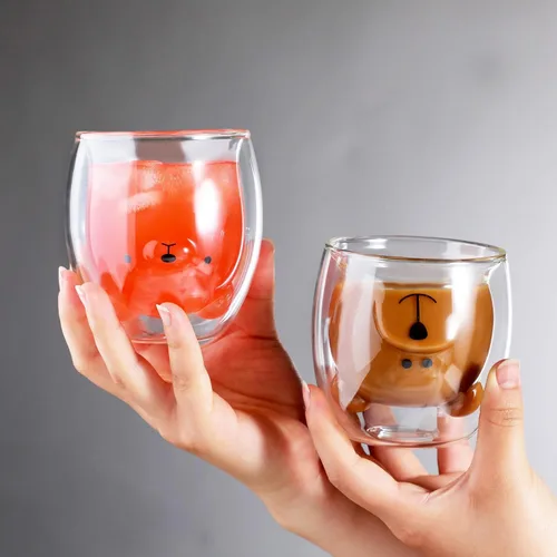 Vista 2 de Binoster Tazas Lindas de Oso Kawaii de Vidrio de Doble Pared para Café y Té, Taza de Yogur Divertida, Regalo Novedoso para Mujeres, Sus Amigas