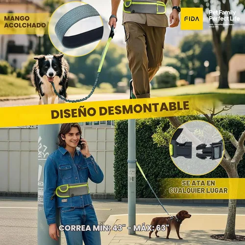 Vista 4 de Fida Correa de perro 3 en 1 manos libres con bolsa de cremallera y elástico, correa reflectante cruzada para correr para perros con asa de tráfico