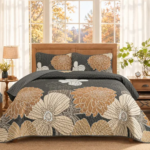 Vista 18 de Anibedding Juego de edredón con estampado floral verde, tamaño King, colcha de 3 piezas, elegante colcha de flores bohemias con 2 fundas de Gris