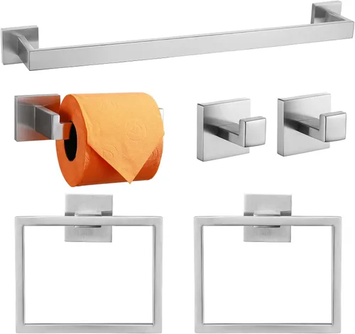 Vista 21 de Juego de 4 soportes para toallas de baño, juego de accesorios de baño de acero inoxidable negro y dorado, montaje en pared, 23.6 pulgadas