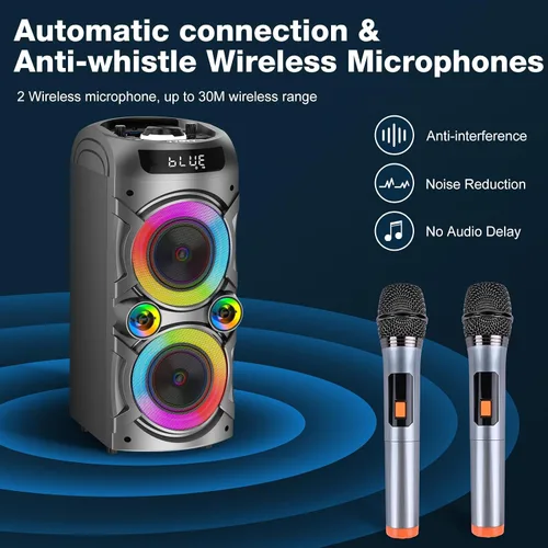 Vista 6 de Máquina de karaoke con 2 micrófonos inalámbricos, sistema de PA portátil, gran altavoz Bluetooth con luces LED, control remoto, compatible