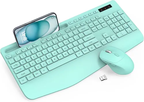 Vista 12 de Combo de teclado y mouse inalámbrico - Teclado ergonómico de tamaño completo con reposabrazos, soporte para teléfono, modo de suspensión, combo