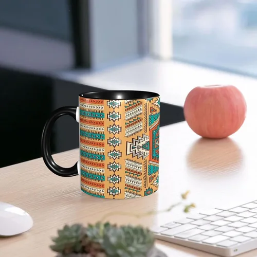Vista 7 de Taza de café grande de cerámica, taza única tribal, patrón de tribu secreta azteca india, bohemio, 11 onzas, para oficina y hogar, naranja y verde
